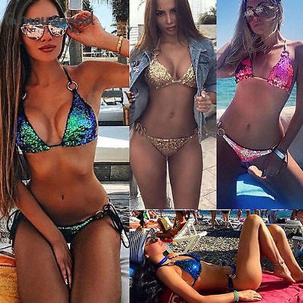 

womens bikini sequin triangle bra set push up beach swimwear bathing swimsuit 2019 new style bikinis, White;black