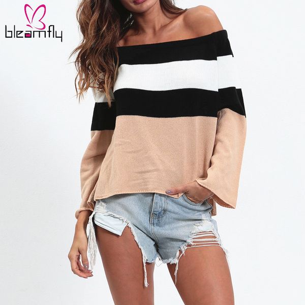 

off shoulder sweaters striped patchwork slash neck long sleeve pullovers autumn winter loose jumpers women party club, White;black