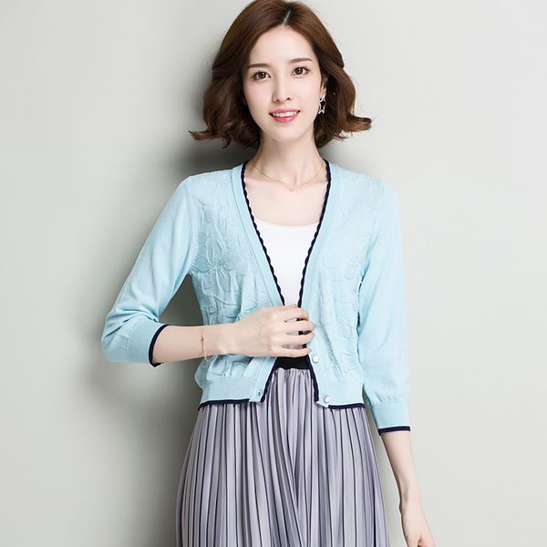 

2019 spring summer women thin short cardigan knitted thin sweater coat female casual v-neck woman cool linen, White