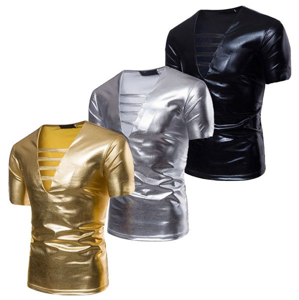 

hollow large v-neck men's short sleeve t-shirt stamping body design nightclubs cocktail party performance costumes summer outfit, White;black