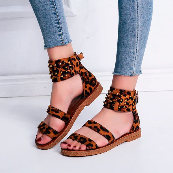 

women's sandals ladies fashion leopard strap flat rivet ankle beach sandals roman style summer casual shoes, Black