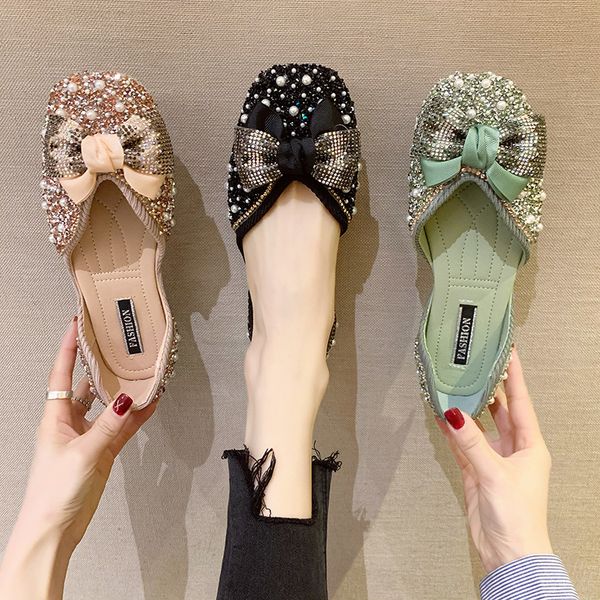 

glitter slides flat shoes female ladies' slippers fretwork heels beige heeled sandals low square toe butterfly-knot slipers, Black