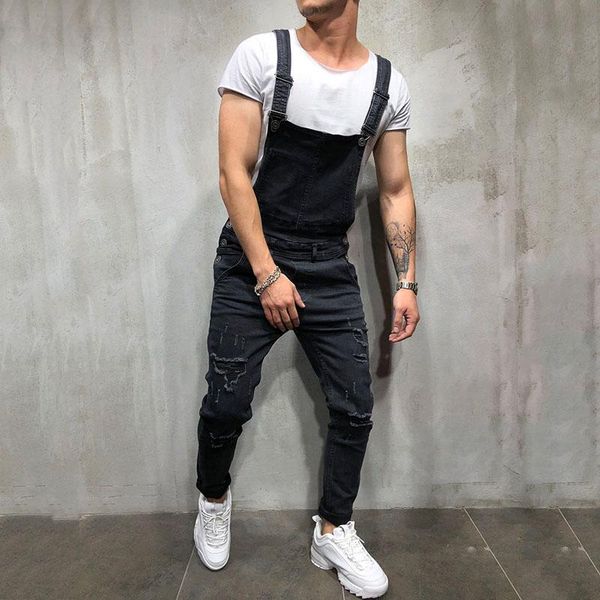 

новое поступление моды мужские рваные джинсы комбинезоны street проблемные hole denim bib комбинезоны человек suspender брюки размер -xxl, Blue