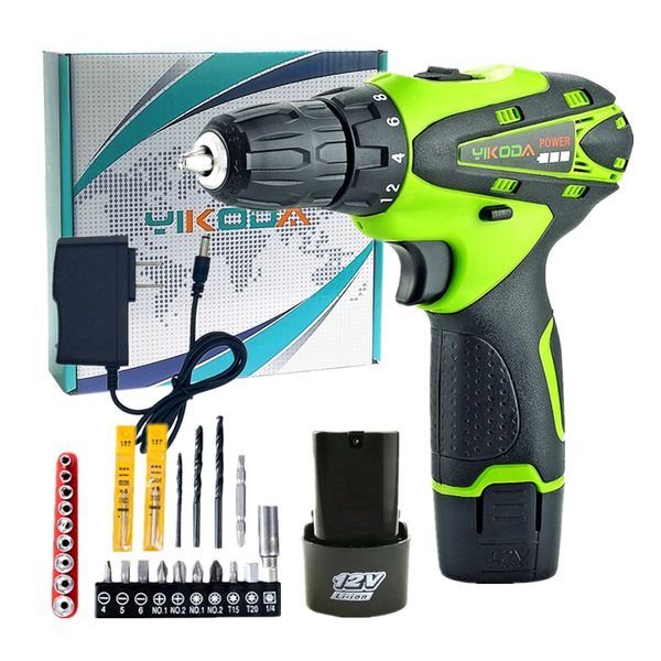 

yikoda 12v cordless drill lithium drill home diy battery*2pc diy rechargeable screwdriver household power tools carton plus accessories