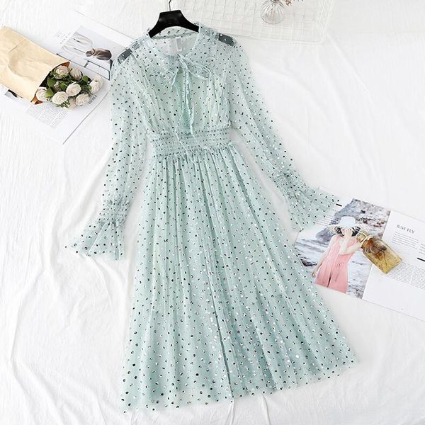 

polka dot печати женщины платье 2 кусок набор 2020 весна лето урожай сладкие сетки платья с длинным рукавом платье партии robe femme платье, Black;gray