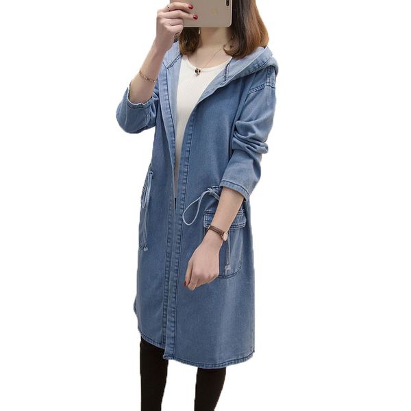 

2019 autumn big size women windbreaker loose fashion denim coat spring new medium long hooded denim trench coat female jia422, Tan;black