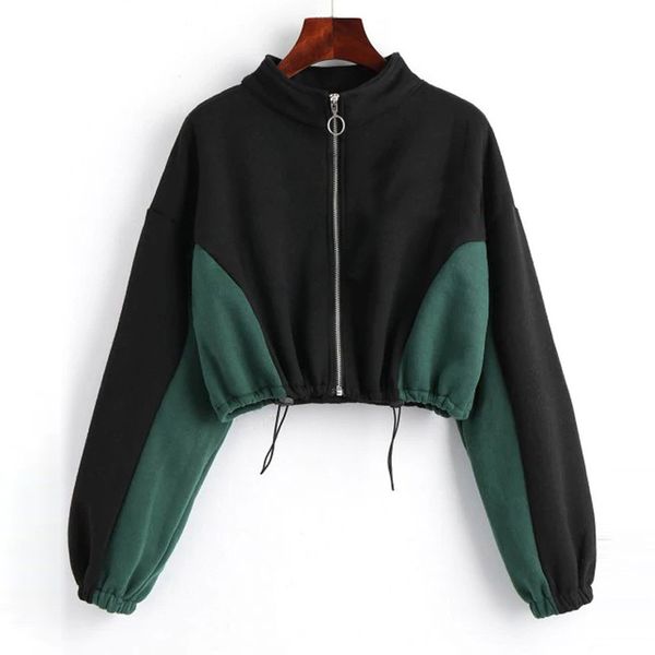 

autumn 2018 harajuku sweatshirt hoodies women streetwear zipper color block crop hoodie korean style woman clothes, Black
