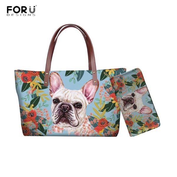 

forudesigns women neoprene handbags joyful french bull dog print shoulder bag lady tote large capacity zipper handle bag