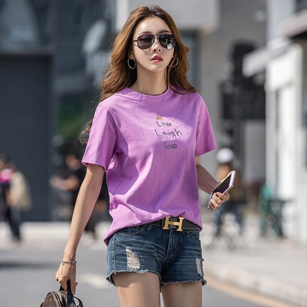 

2019 style letter love embroidery short-sleeved t-shirt women's loose fashionable round collar 2019 headdress headdress style letter lo, White