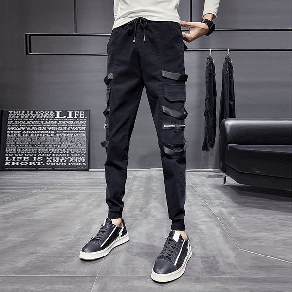 

thick pants men fashion 2019 side pocket and ribbons decor joggers streetwear slim fit casual men cargo pants winter trouses, Black