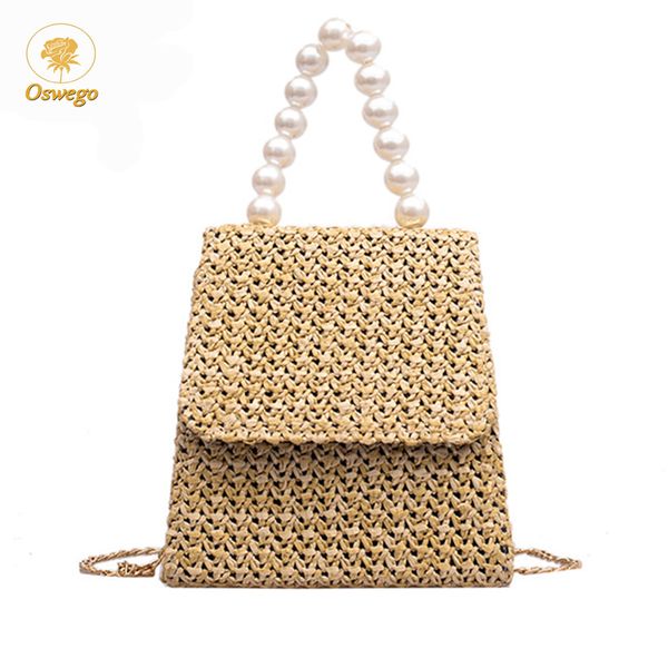 

oswego woven straw bag women summer rattan bag 2019 new fashion pearl shoulder handbag handmade straw beach dropshipping