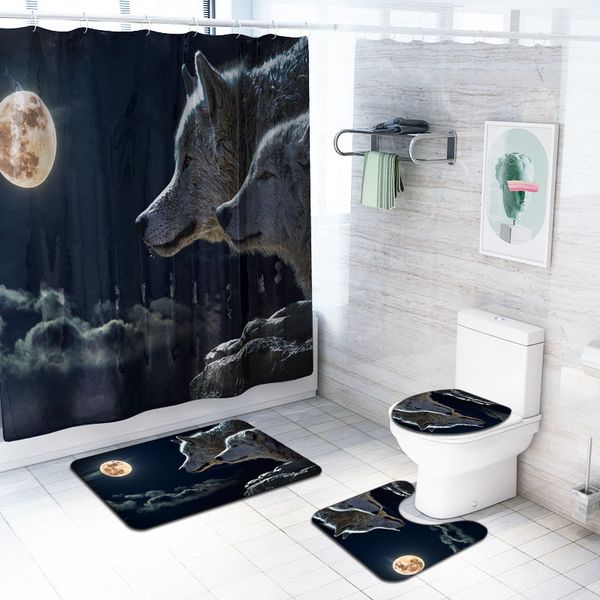 

lion, tiger, wolf, printing shower curtain, four piece set, bathroom toilet, antiskid absorbent carpet, bathroom, four piece set