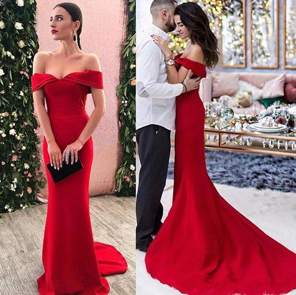 

elegant red satin mermaid prom dresses 2019 floor length off the shoulder simple women party dress evening wear arabic vestidos de fiesta, Black