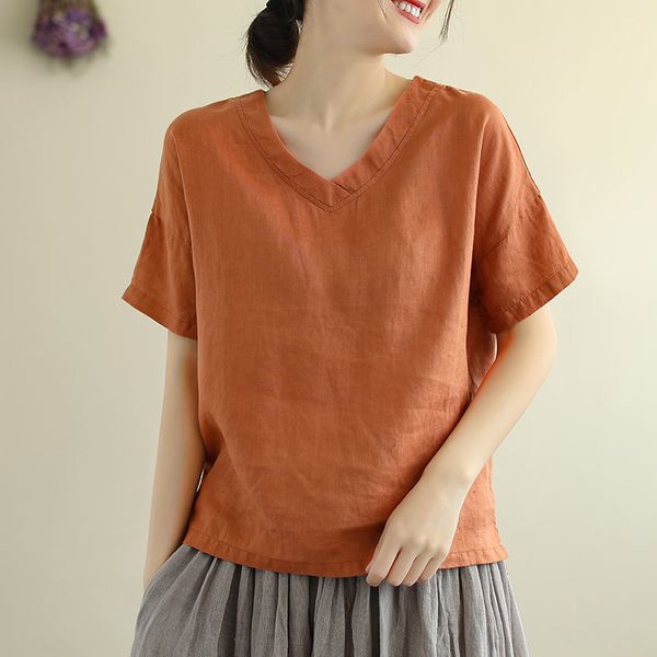 

summer new literary solid color cotton v-neck shirt female simple shirt 3939, White