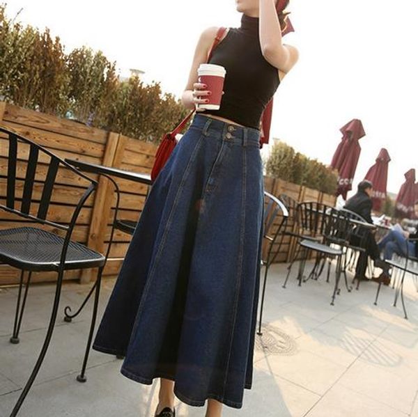 

high waist jeans a line women skirt work elegant casual ladies long jupe lolita school mori girl denim saia v191, Black