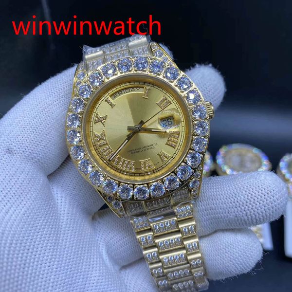 

luxury prong set watches 43mm gold big diamond mechanical man watch gold dial automatic stainless steel men's watches, Slivery;brown