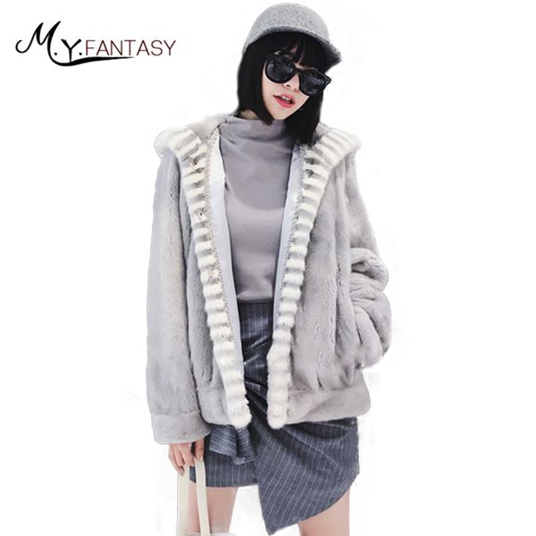 

m.y.fansty 2019 winter women's v-neck import swan velvet mink coat real fur coat striped with hat short loss causal mink coats, Black