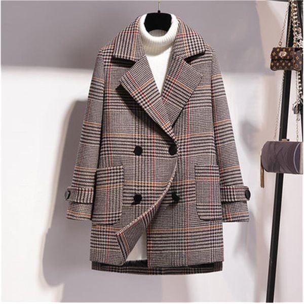 

fashion women retro plaid woolen coat female korean version 2020 plus size plaid coat autumn winter slim fit outerwear 3xl, Black