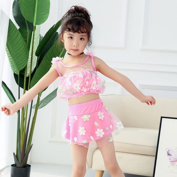 

kids swimwear 2019 lovely mesh swim suit girl swimsuit floral print split skirted beach wear children swimming suit
