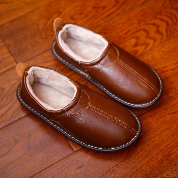

genuiner leather couple's winter home slippers warm soft anti-skip house casual shoes men and women indoor slippers, Black