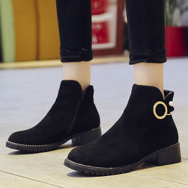 

women ankle boots flock square heels shoes zipper black boots female round toe platform shoes plus size 35-43 zapatos de mujer
