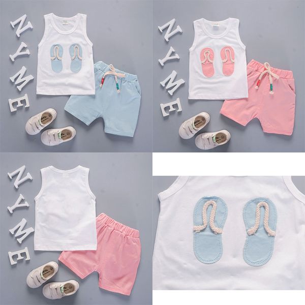 

2019 прохладный и освежающий стиль лето хлопок круглый воротник мультфильм обувь шаблон с жилет и шорты две части для мальчиков и девочек, White