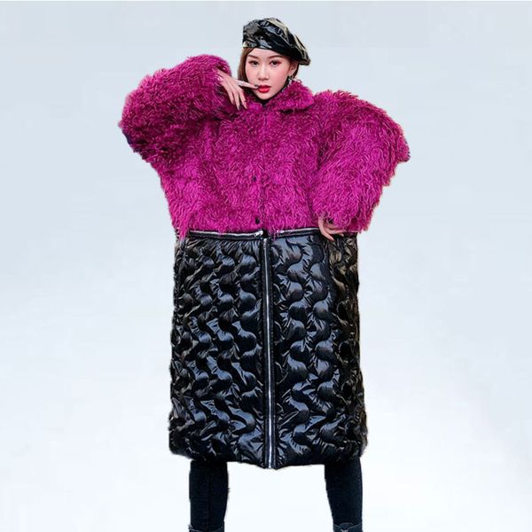 

autumn winter coat women oversized parka stitching lambswool down cotton jacket female new loose long fur coat detachable two, Black