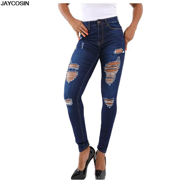 

jaycosin jeans women high waist stretch hole jeans leggings skinny slim fitness pants trousers 2020 femme nouveau, Blue