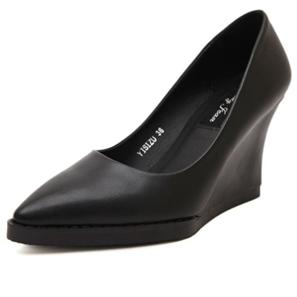 

2017 spring fashion genuine leather black wedges single shoes pointed toe women's high-heeled shoes cowhide leather casual 33-40