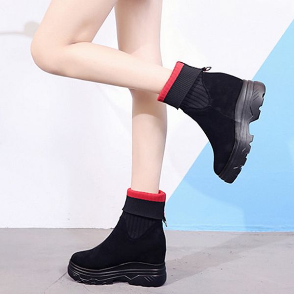 

boots women winter snow boots fashion ankle women winter warm elastic stocking shoes chunky heel non-slip flat, Black