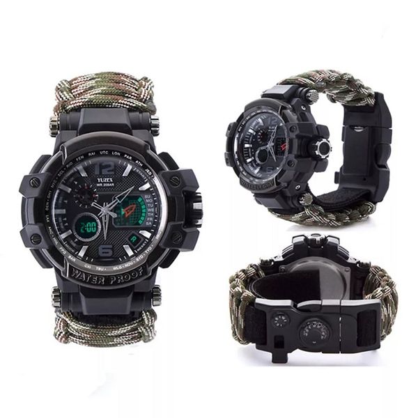 

lucky outdoor survival watch multi-functional waterproof 50m paracord bracelet watch for men women camping hiking emergency gear, Slivery;brown