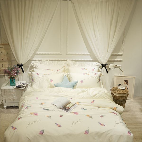White Color Embroidered Cute Bedding Set Egyptian Cotton Bed Sheet Girls Women Room Duvet Cover Pillowcase Gifts Bedding Collection Designer Bedding
