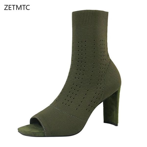 

womens boots green elastic knit sock boots ladies open toe high heels 8cm fashion ankle women pumps shoes female, Black