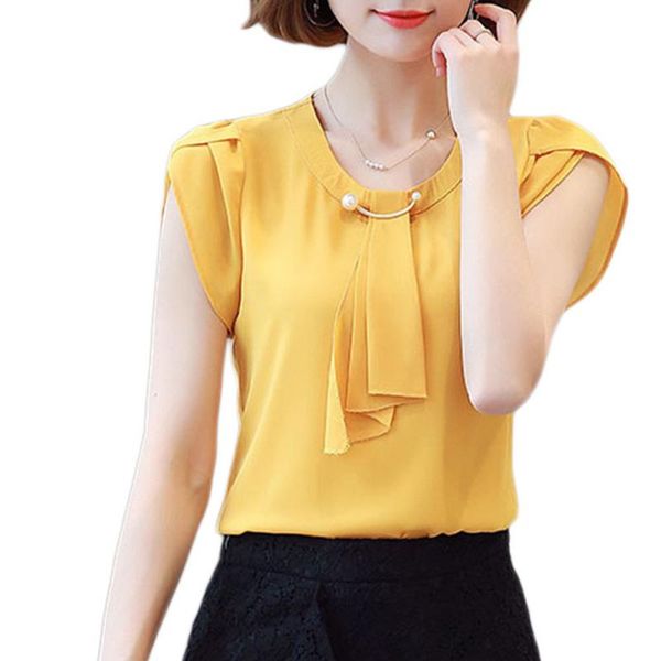 

women short sleeve chiffon shirt office ladies o neck slim blouses shirts, White