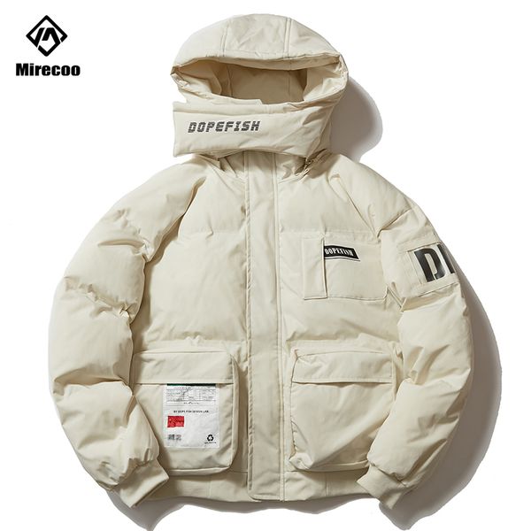 

pockets hip hop jacket parka thick letter print harajuku streetwear men windbreaker hooded bib design winter jacket coat 2019, Black