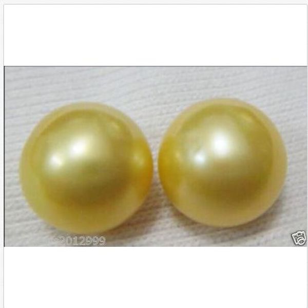 

14k yellow gold huge 12-13mm gold south sea pearl button shape stud earrings, Golden;silver