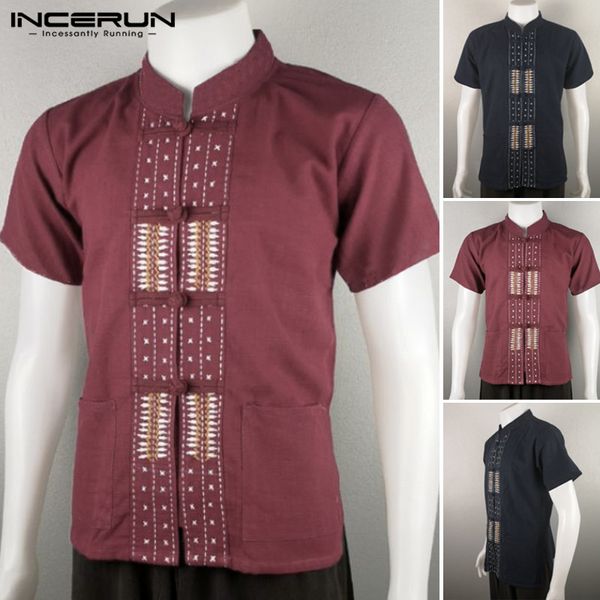 

incerun summer men printed short sleeve button streetwear elegant casual tang suit stand collar chinese style baggy shirt 5xl, White;black