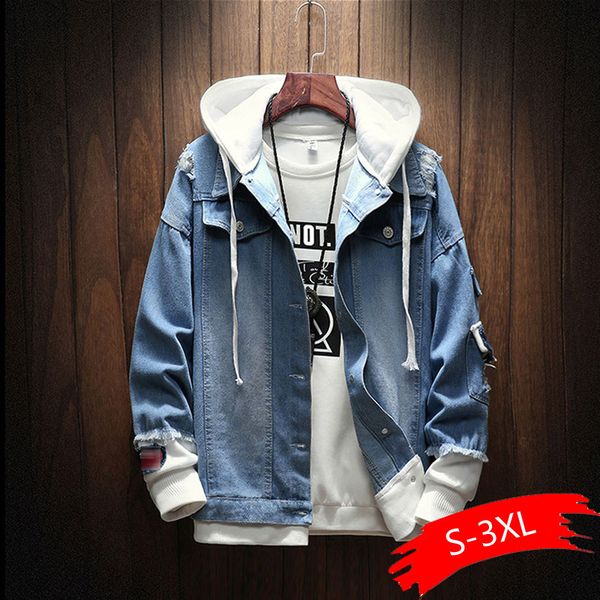 

мужские куртки весна осень поддельные две части лоскутная джинсовая куртка с капюшоном причинно изношенное отверстие пальто верхняя одежда м, Black;brown