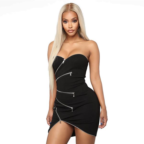 

2019 summer dress woman fashion nightclub style breast-wrapping irregular zip dress robe femme ete vestidos verano elbise, Black;gray