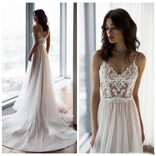 

2019 spaghetti straps wedding dresses tulle applique bohemian wedding gown abiti da sposa customized bridal dress, White