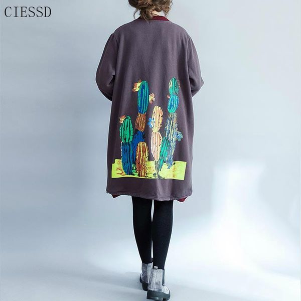

plus size winter women long jacket coat autumn casual outerwear cartoon print jackets coats with velvet lambswool clothes 2019, Black