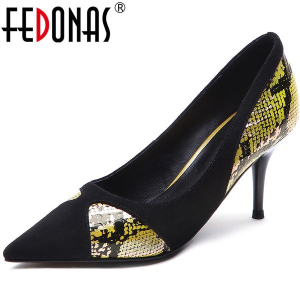 

fedonas famale kid suede leather ladies shoes pointed toe high heels pumps 2020 spring summer wedding working shoes woman heels, Black