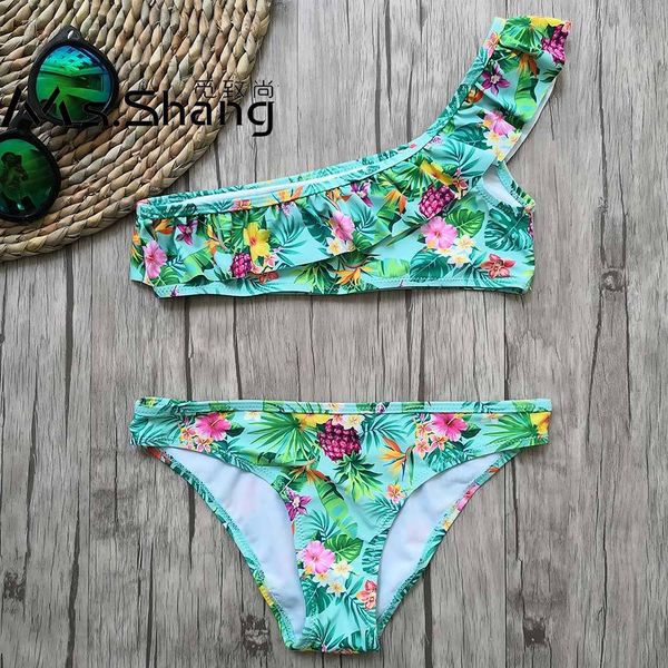 

8-16 лет девочка купальник печать подросток девочка бикини одно плечо swim wear falbala двухкусочный дети купальники девушки купальный костю, White;black