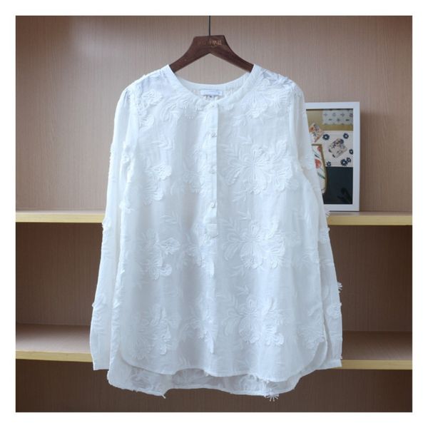 

vintage surface feather embroidery long sleeve cotton white shirt blouse 2020