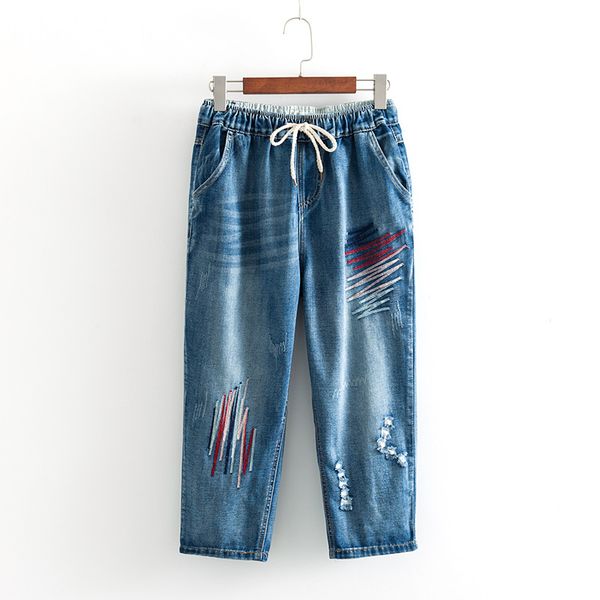 

2019 plus size casual jeans summer women clothing fashion loose color stripe denim calf-length pants s7, Blue