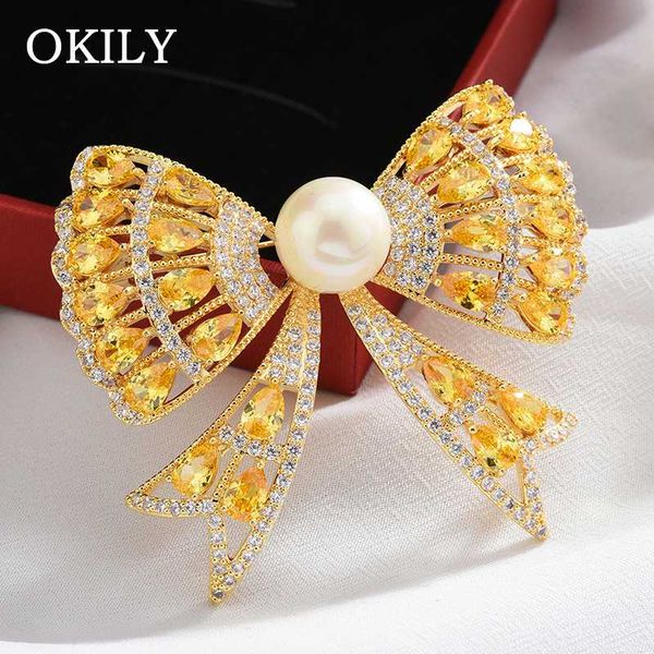 

new yellow and purple zirconia bowknot brooch with imitation pearl pin and brooch gifts for women christmas jewelry brooches, Gray