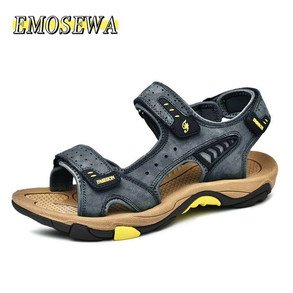 

emosewa classic men's sandals summer soft sandals comfortable men shoes genuine leather soft outdoor men roman, Black