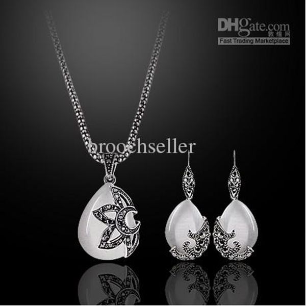 

antique silver plated opal drop pendant necklace and earrings jewelry sets