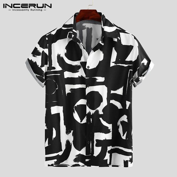 

incerun printing shirt men casual short sleeve summer lapel button chic brand hawaiian shirts streetwear camisa masculina 2020, White;black