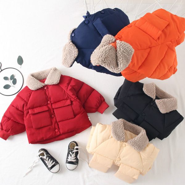 

children's down cotton pad 2019 autumn and winter new fur collar boy girl cotton coat children short solid color coat, Blue;gray